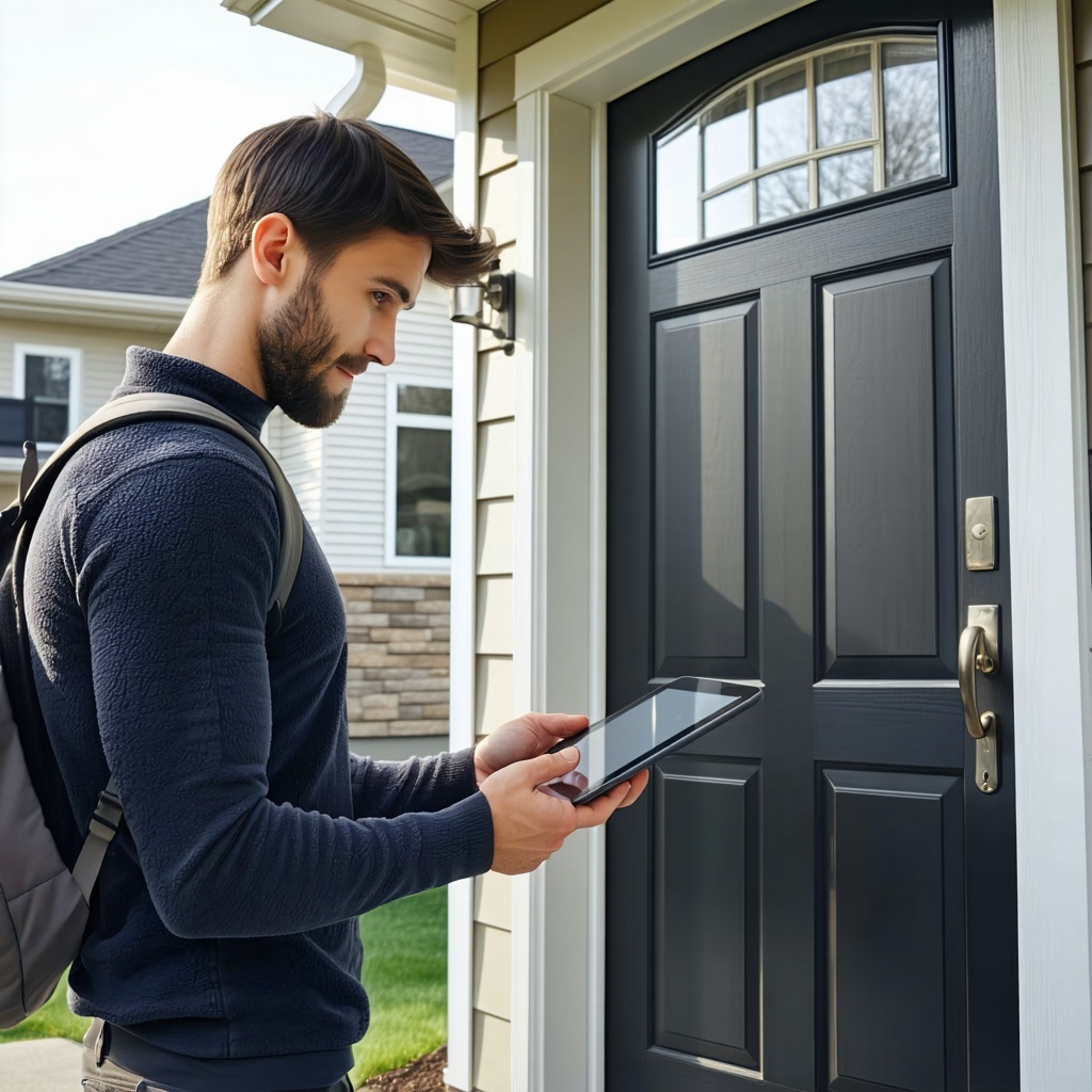 A doortodoor salesperson holding a tablet entering customer information in front of a suburban home Professional modern style cool lighting-1