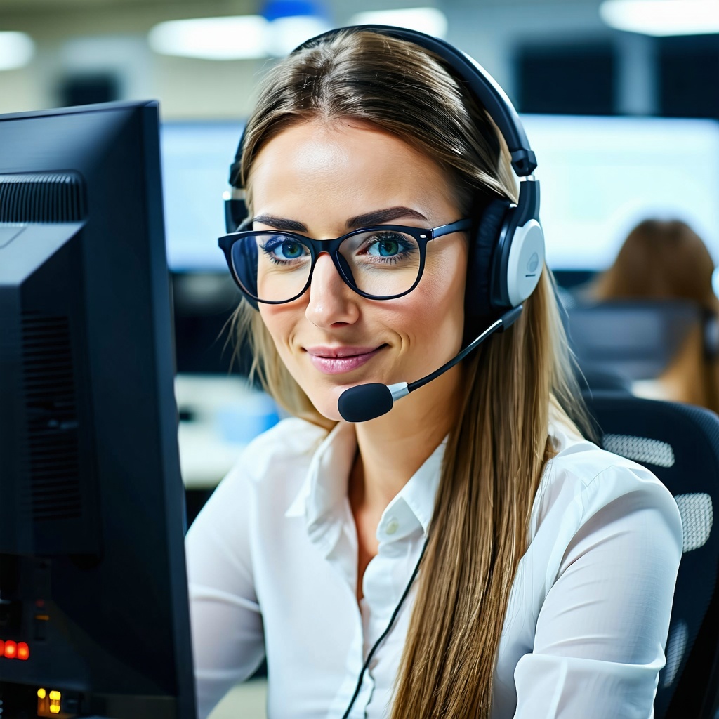 Professional woman in a call center environment verifying suspicious customer data Realistic office background confident expression