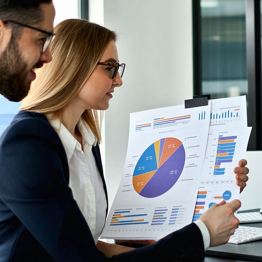 Two Employees Discussing Sales Reports or Commissions at a DeskSubtle metaphor for internal fraud audits and commission validation especially in doortodoor or field sales teams-1